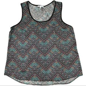 DR2 size large Aztec pink, blue, orange, black design sleeveless curved hem top